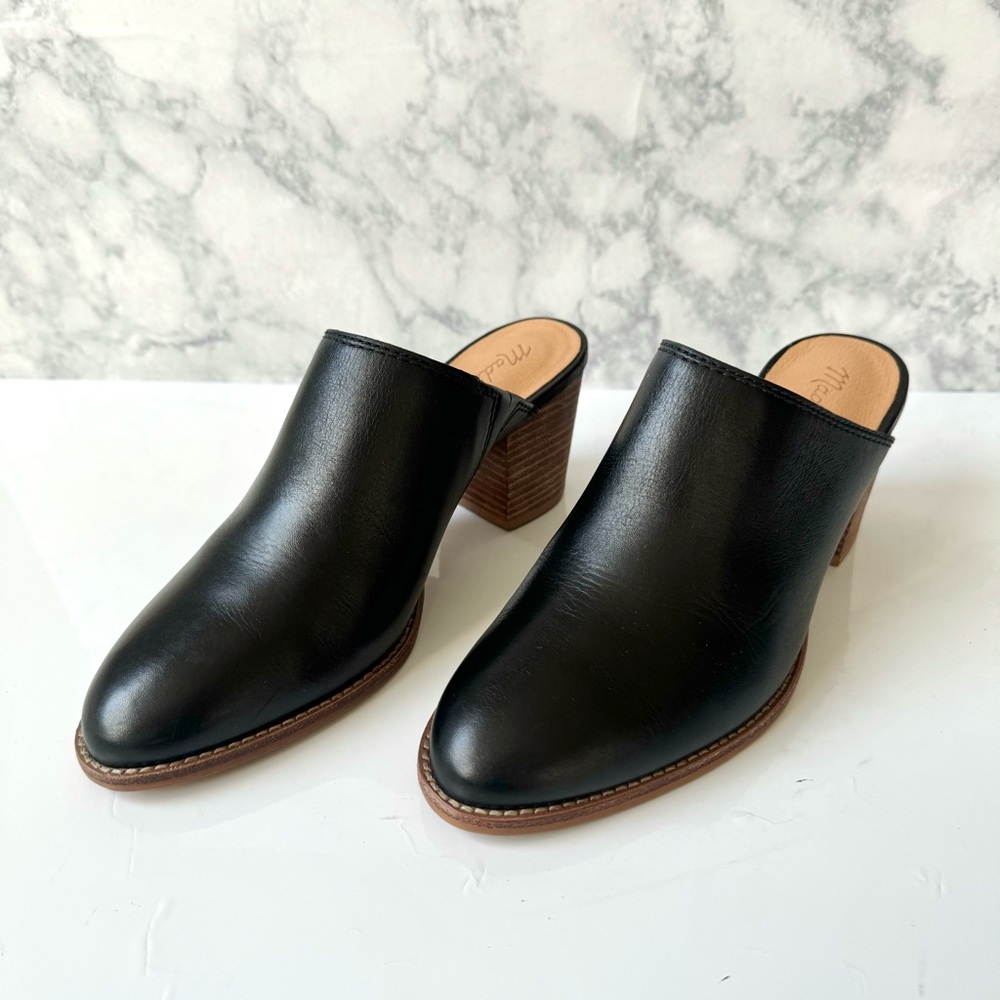 Madewell Harper Black Leather Block Heel Mules Size 6